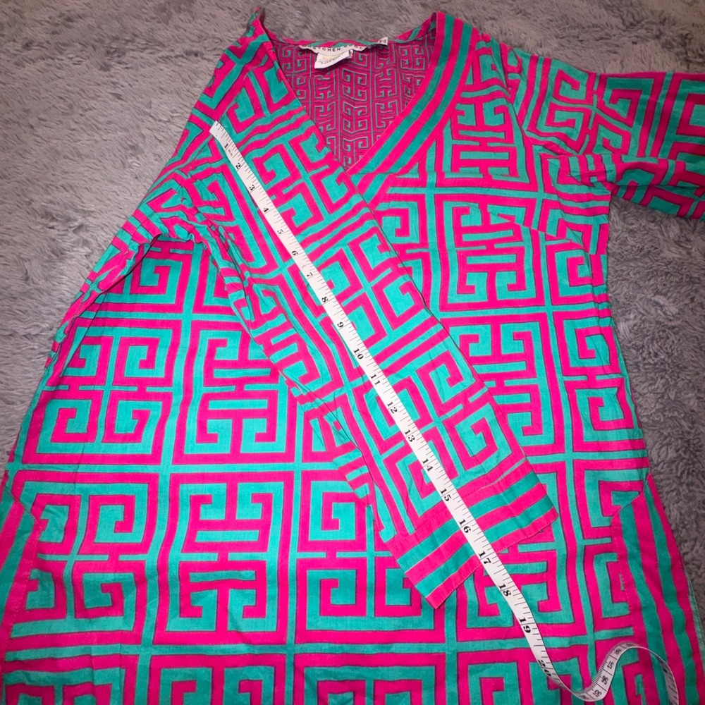 Gretchen Scott Women's Small Pink Turquoise Greek Key V-Neck Tunic Top Resort - Picture 9 of 13